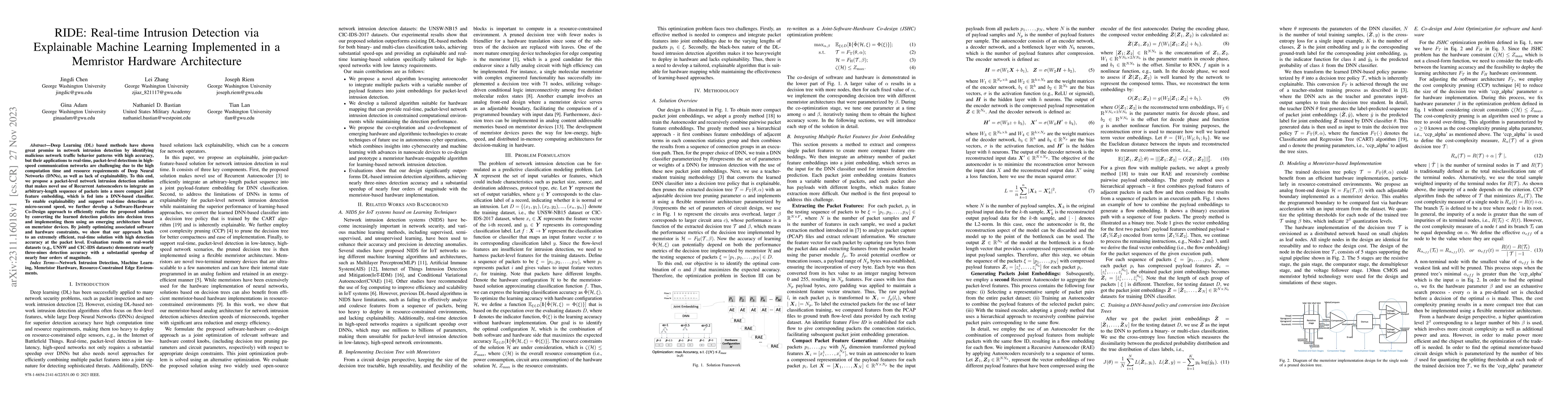 Thumbnail for RIDE: Real-time Intrusion Detection via Explainable Machine Learning
  Implemented in a Memristor Hardware Architecture
