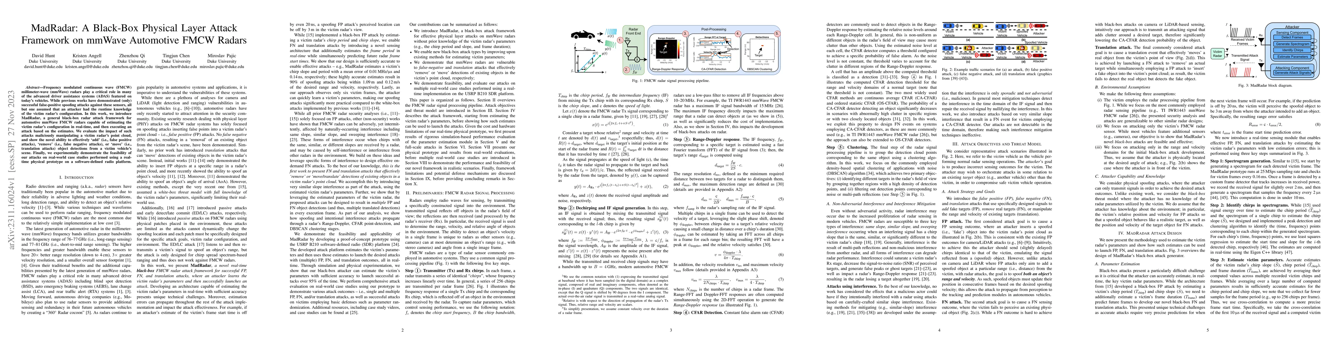 Thumbnail for MadRadar: A Black-Box Physical Layer Attack Framework on mmWave
  Automotive FMCW Radars