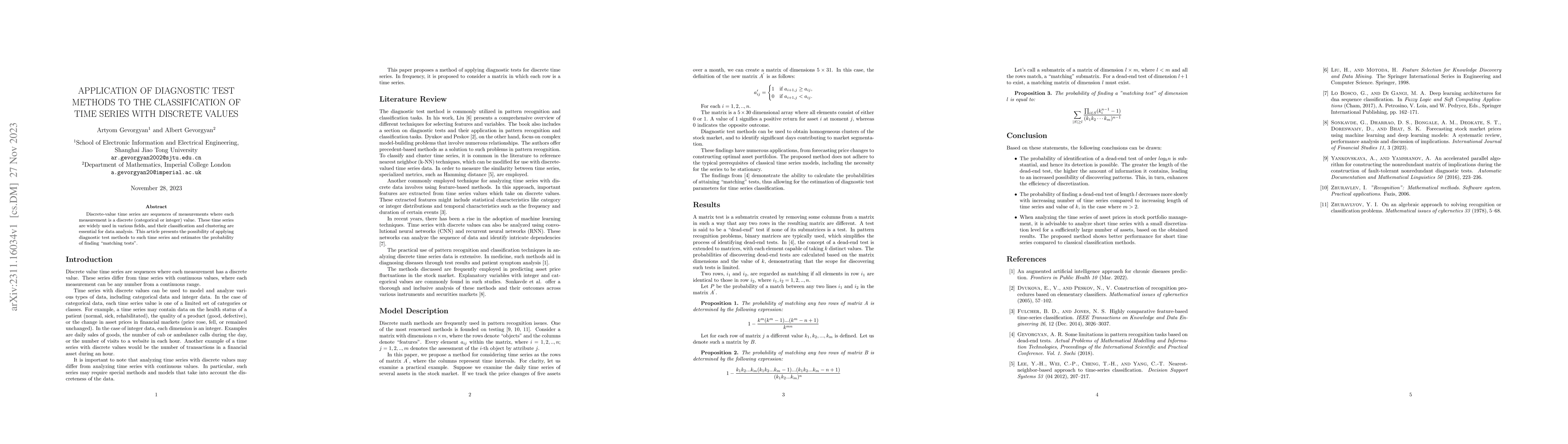 Thumbnail for Application of Diagnostic Test Methods To The Classification Of Time
  Series With Discrete Values