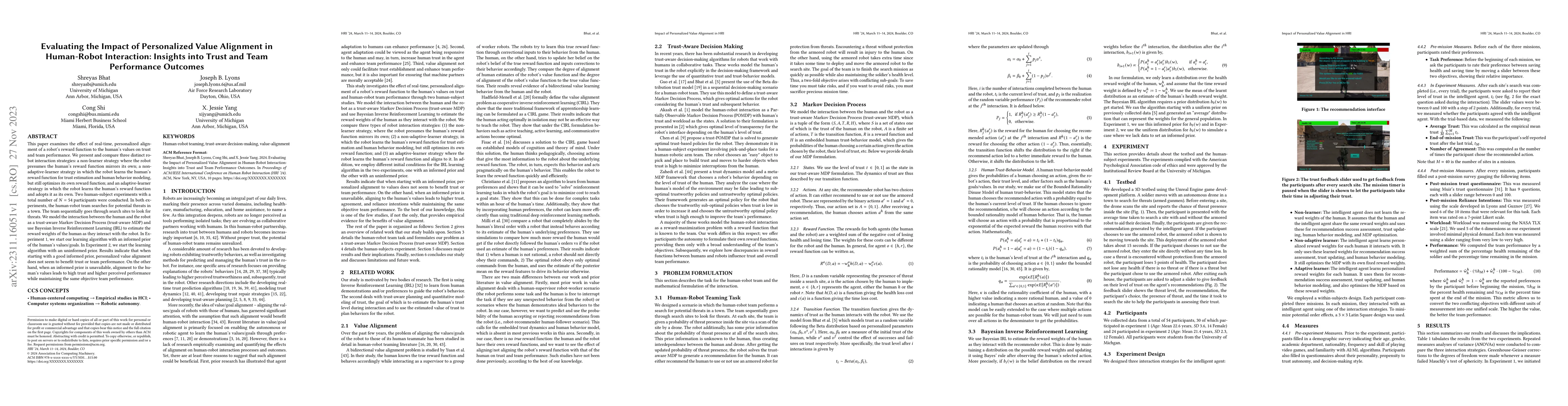 Thumbnail for Evaluating the Impact of Personalized Value Alignment in Human-Robot
  Interaction: Insights into Trust and Team Performance Outcomes