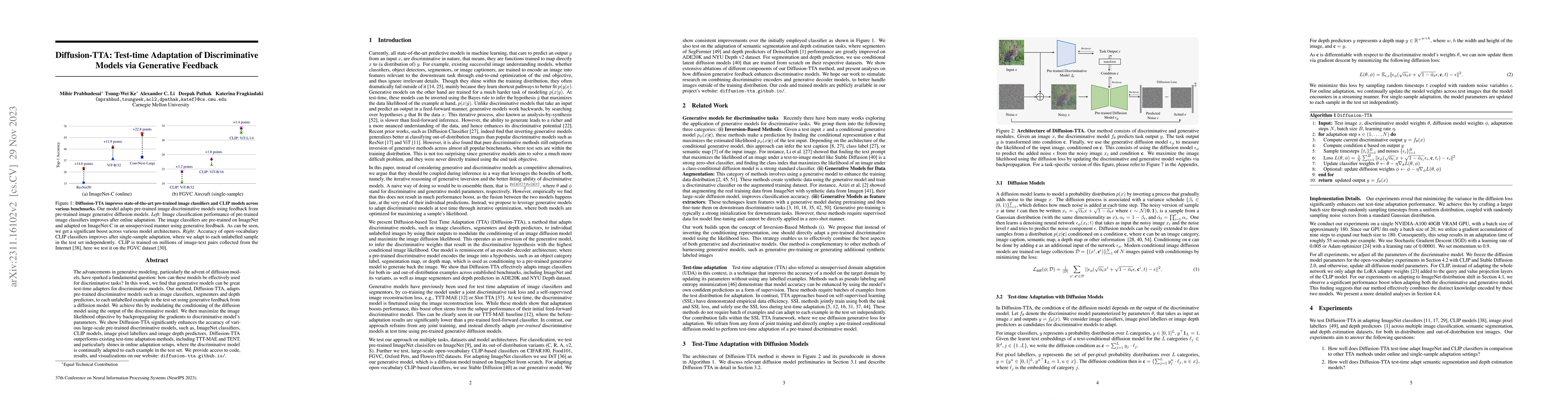 Thumbnail for Diffusion-TTA: Test-time Adaptation of Discriminative Models via
  Generative Feedback