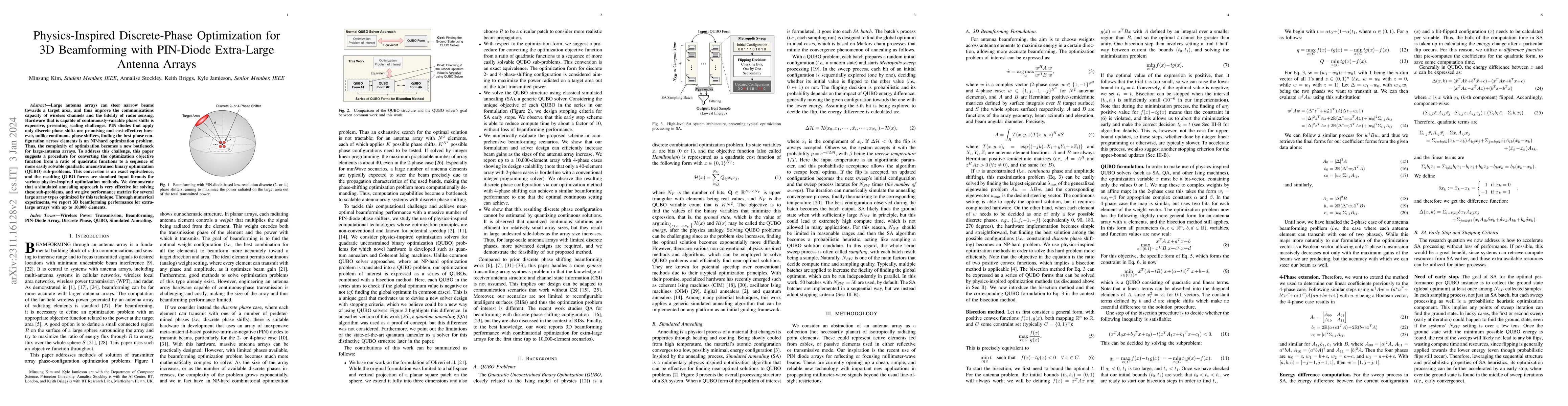 Thumbnail for Physics-Inspired Discrete-Phase Optimization for 3D Beamforming with
  PIN-Diode Extra-Large Antenna Arrays