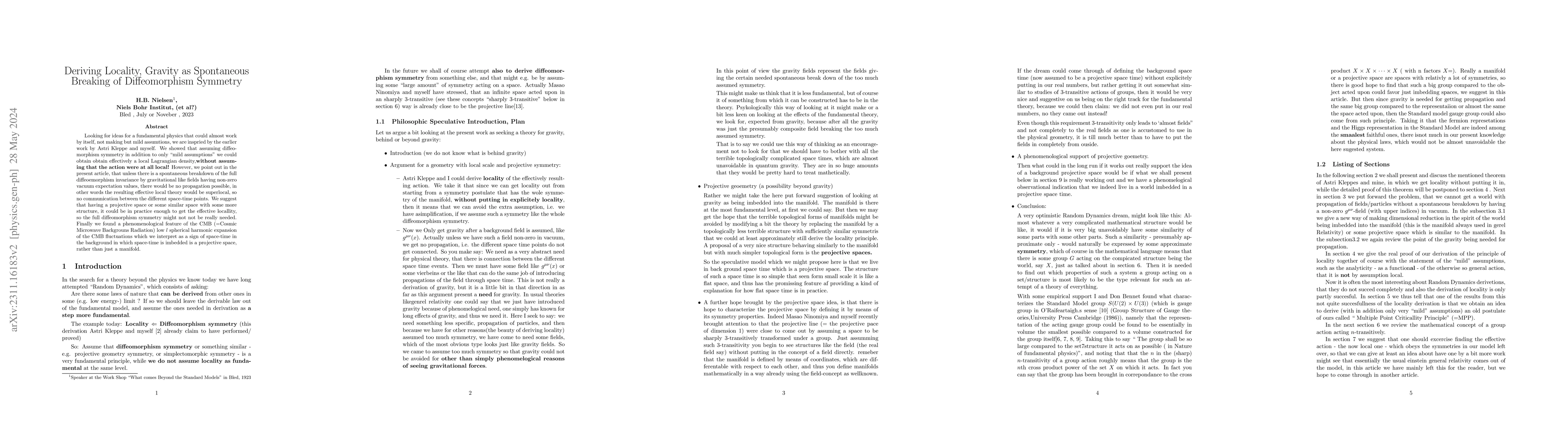 Thumbnail for Deriving Locality, Gravity as Spontaneous Breaking of Diffeomorphism
  Symmetry