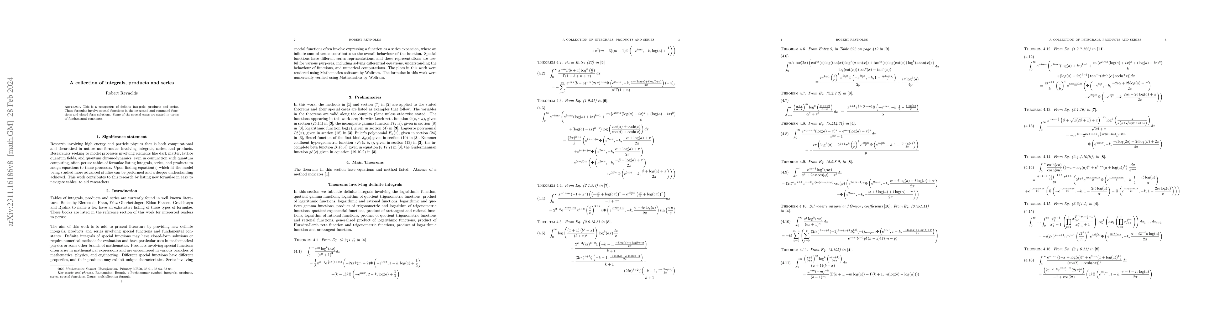 Thumbnail for A collection of integrals, products and series