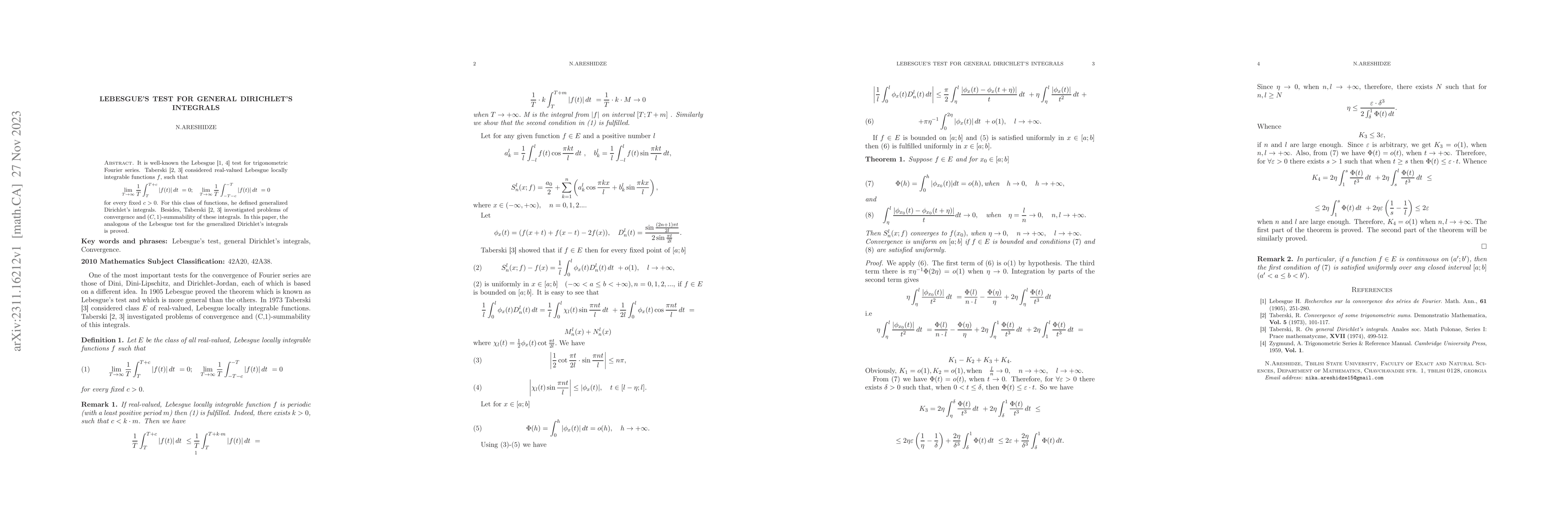 Thumbnail for Lebesgue's test for general Dirichlet's integrals