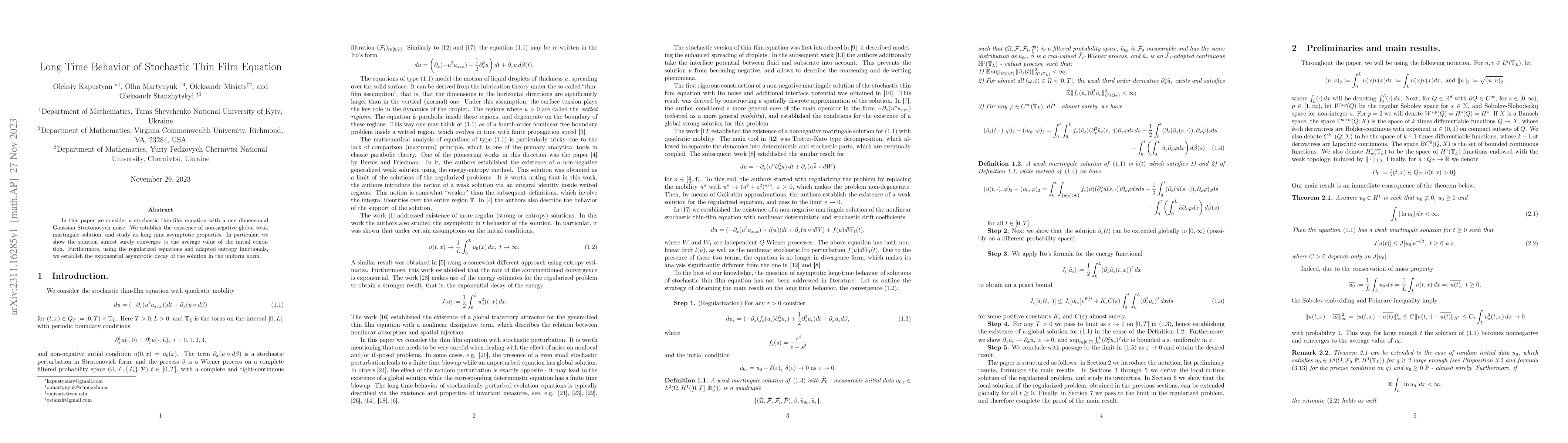 Thumbnail for Long Time Behavior of Stochastic Thin Film Equation