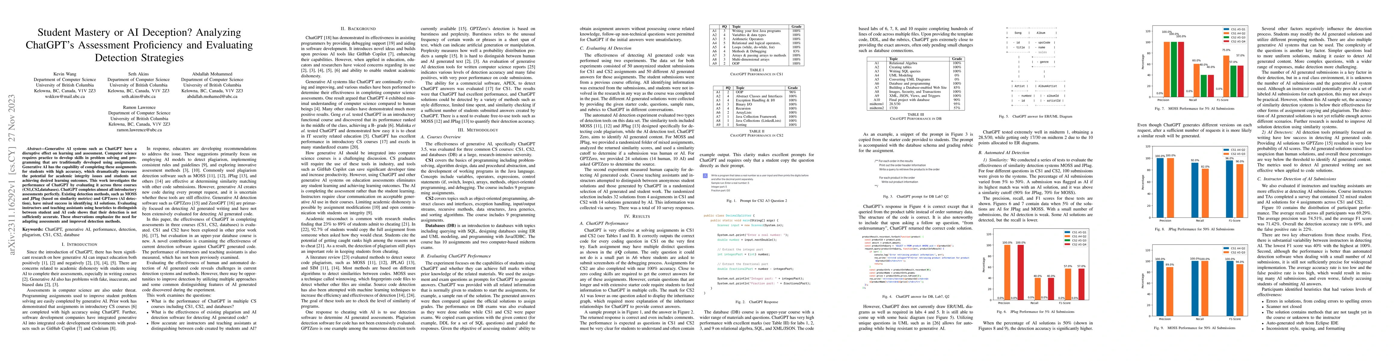 Thumbnail for Student Mastery or AI Deception? Analyzing ChatGPT's Assessment
  Proficiency and Evaluating Detection Strategies