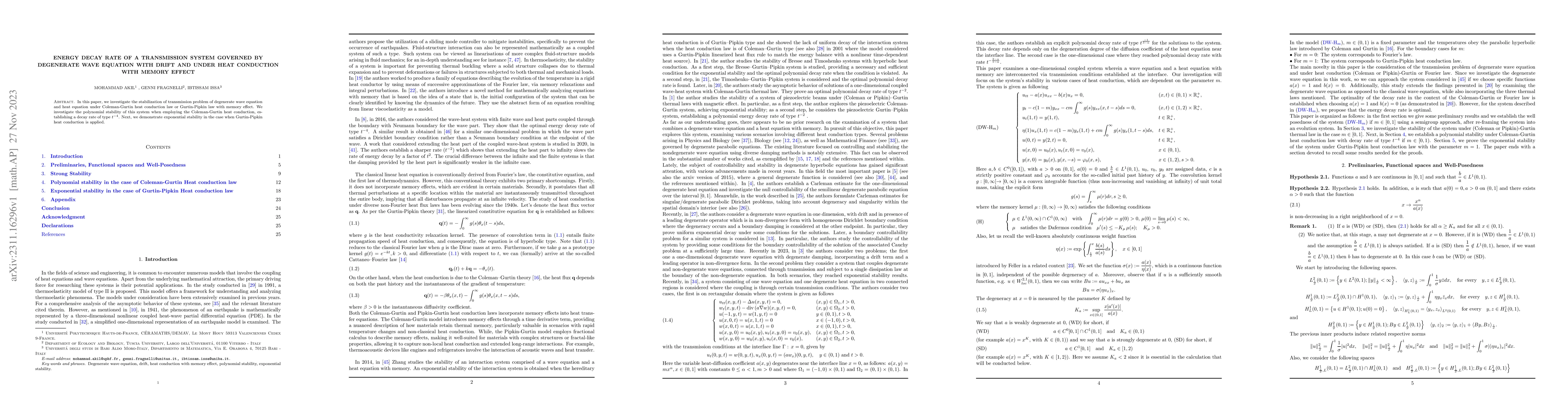 Thumbnail for Energy decay rate of a transmission system governed by degenerate wave
  equation with drift and under heat conduction with memory effect