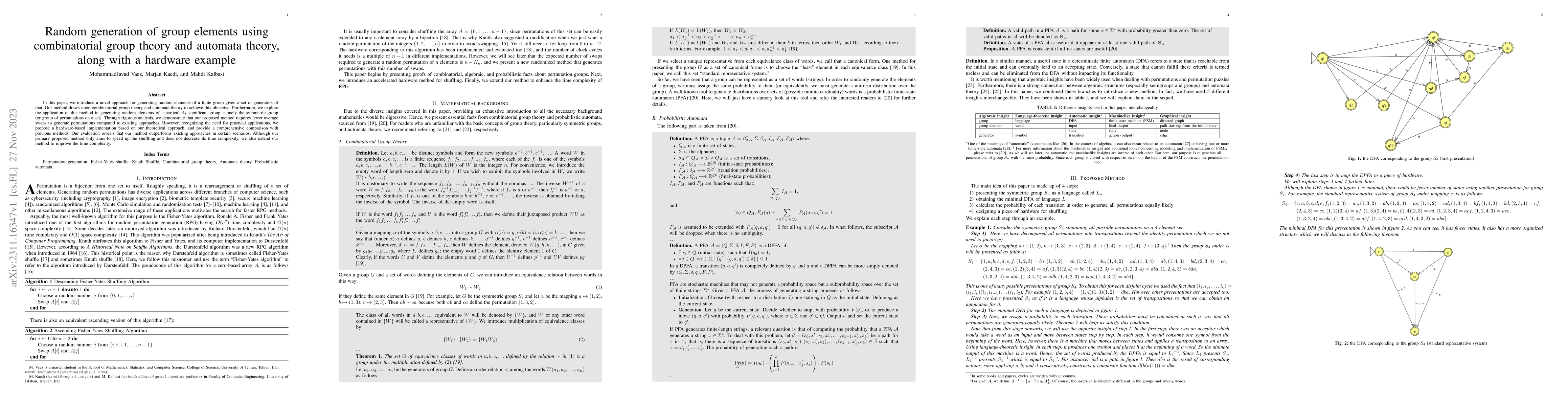Thumbnail for Random generation of group elements using combinatorial group theory and
  automata theory, along with a hardware example
