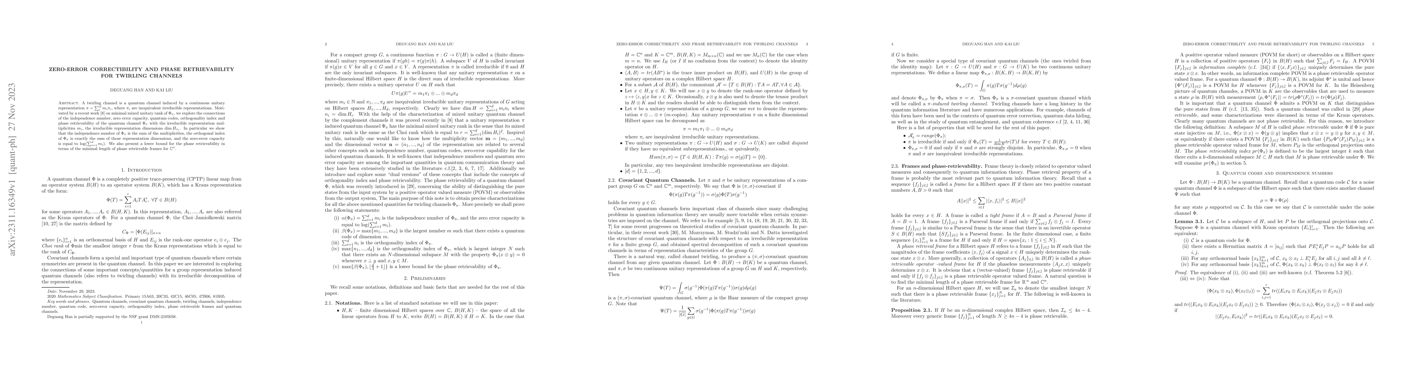 Thumbnail for Zero Error Correctibility and Phase Retrievability for Twirling Channels