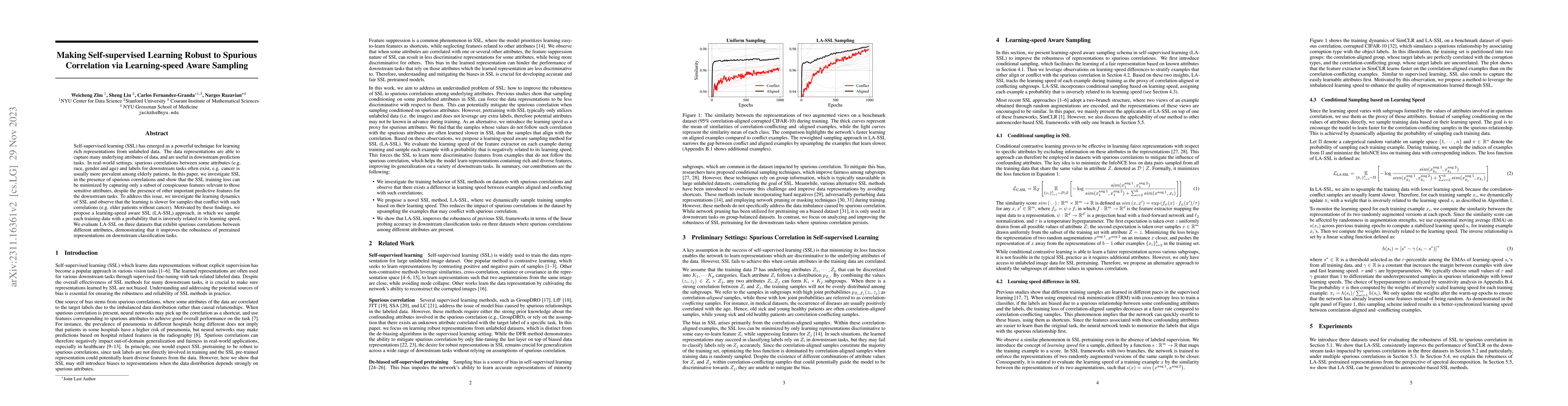 Thumbnail for Making Self-supervised Learning Robust to Spurious Correlation via
  Learning-speed Aware Sampling