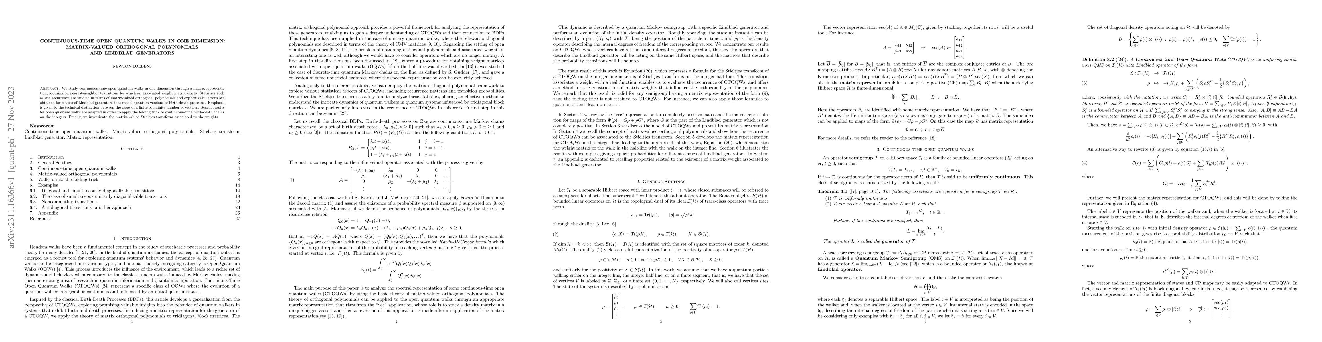 Thumbnail for Continuous-time open quantum walks in one dimension: matrix-valued
  orthogonal polynomials and Lindblad generators