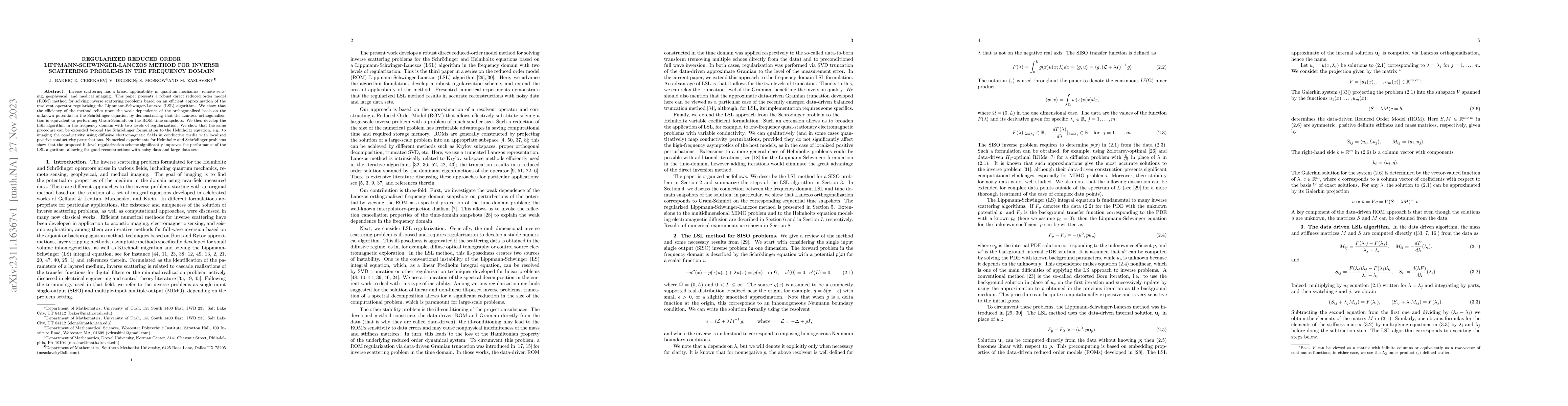 Thumbnail for Regularized Reduced Order Lippman-Schwinger-Lanczos Method for Inverse
  Scattering Problems in the Frequency Domain