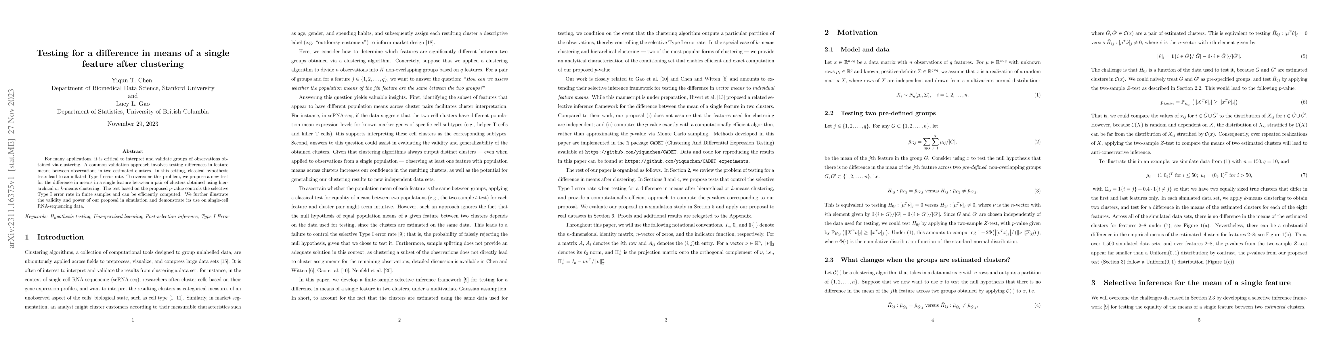 Thumbnail for Testing for a difference in means of a single feature after clustering