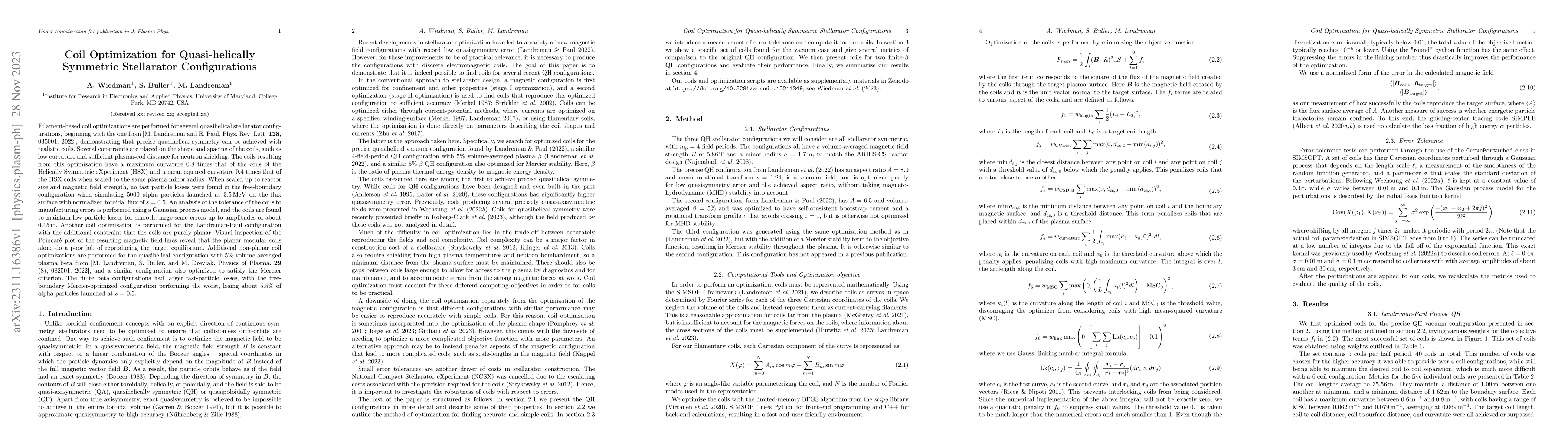 Thumbnail for Coil Optimization for Quasi-helically Symmetric Stellarator
  Configurations