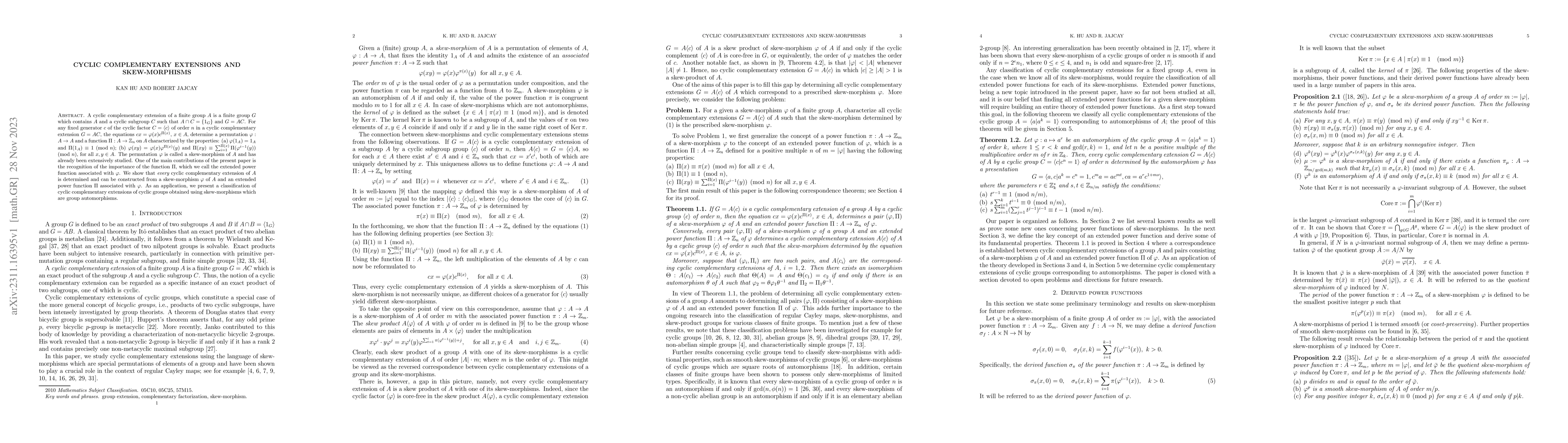 Thumbnail for Cyclic complementary extensions and skew-morphisms