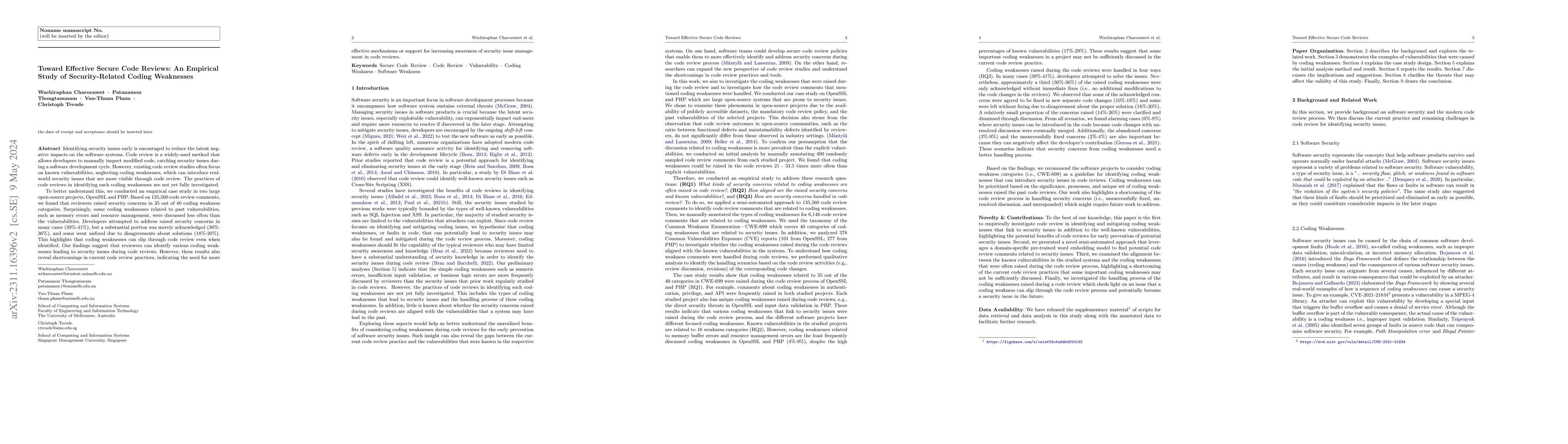 Thumbnail for Toward Effective Secure Code Reviews: An Empirical Study of
  Security-Related Coding Weaknesses