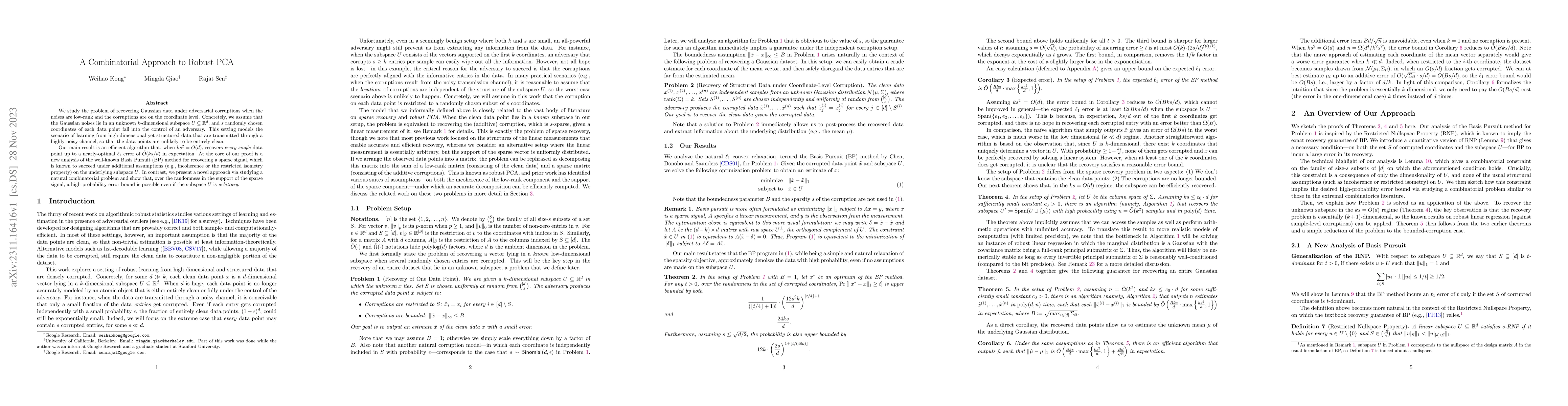 Thumbnail for A Combinatorial Approach to Robust PCA