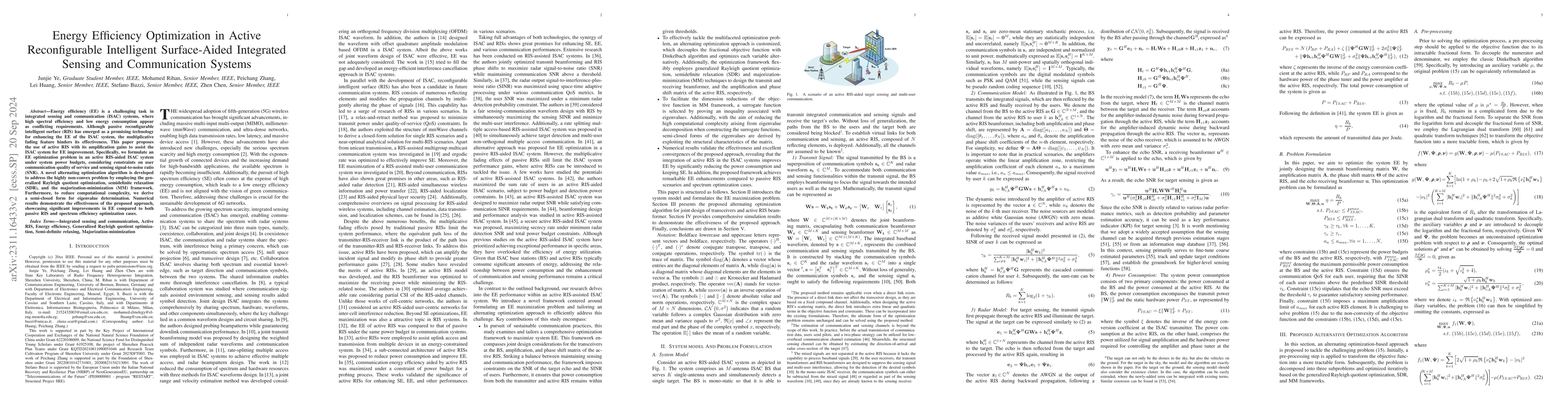 Thumbnail for Energy Efficiency Optimization in Active Reconfigurable Intelligent
  Surface-Aided Integrated Sensing and Communication Systems