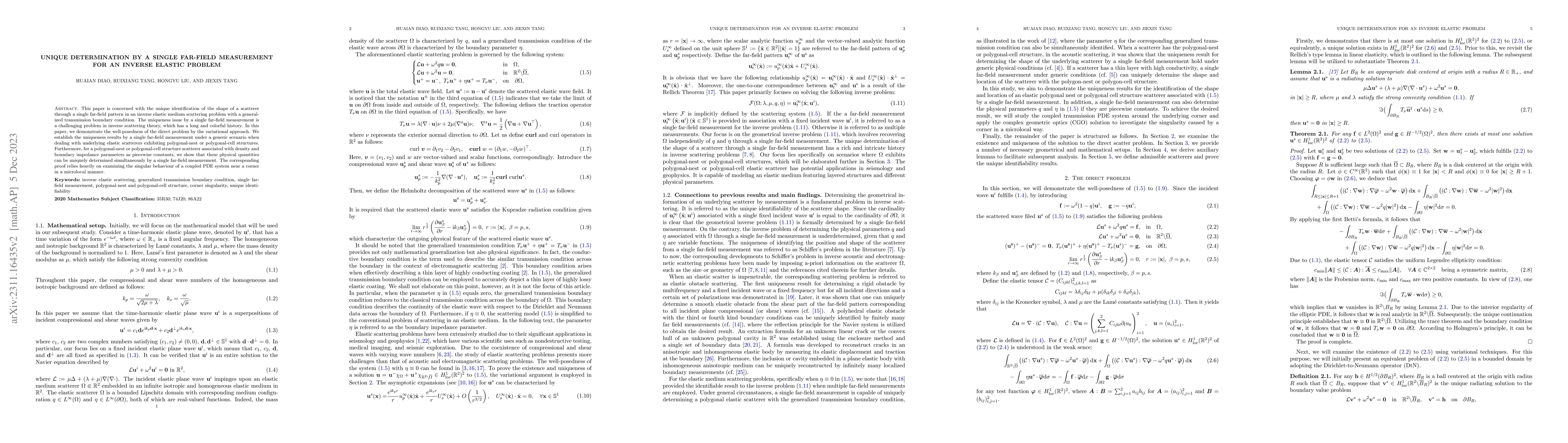 Thumbnail for Unique determination by a single far-field measurement for an inverse
  elastic problem