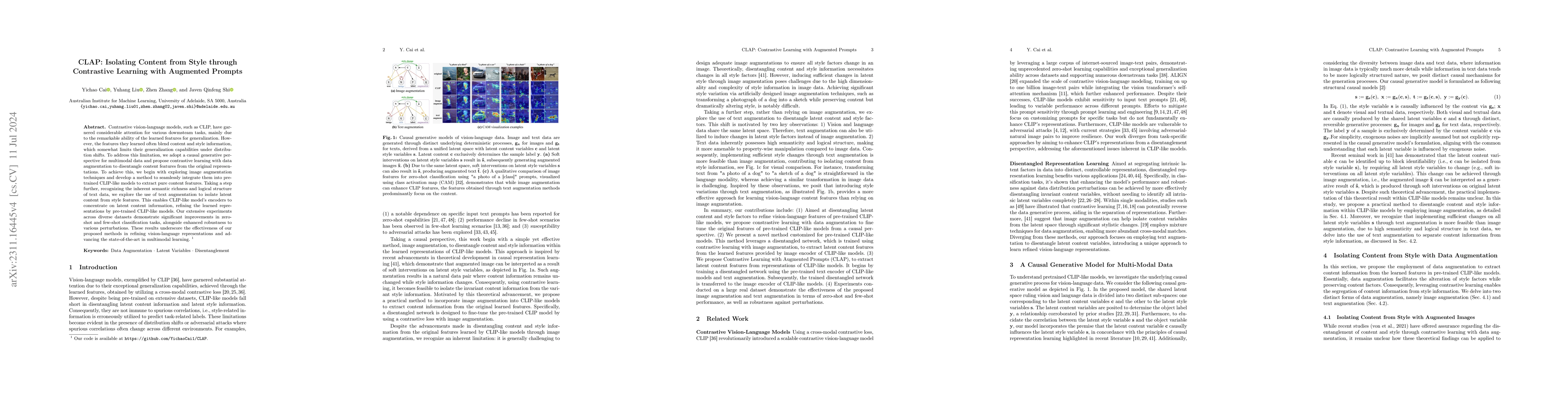 Thumbnail for CLAP: Isolating Content from Style through Contrastive Learning with
  Augmented Prompts