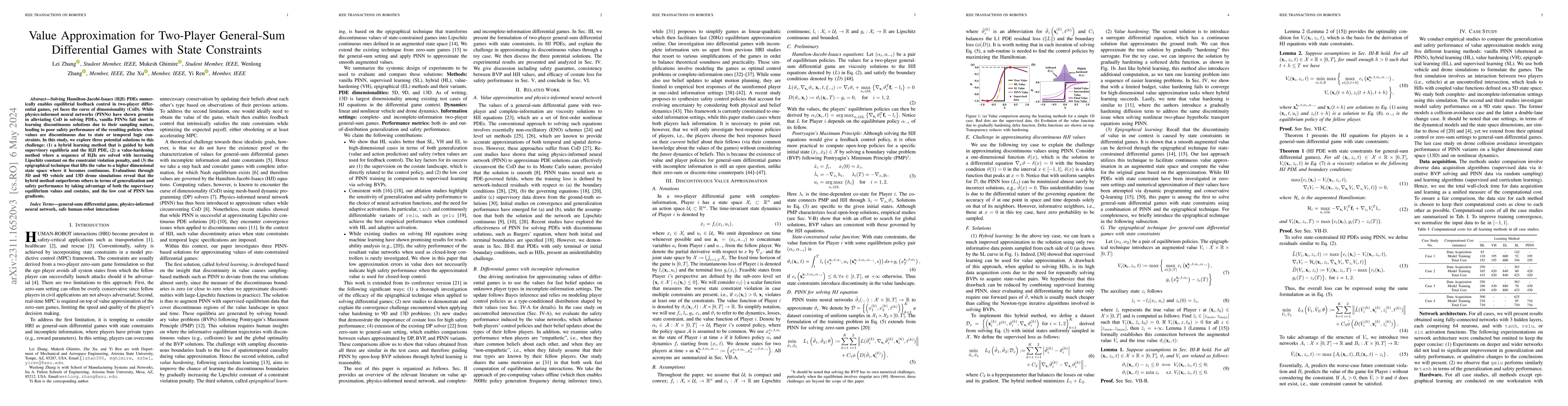 Thumbnail for Value Approximation for Two-Player General-Sum Differential Games with
  State Constraints