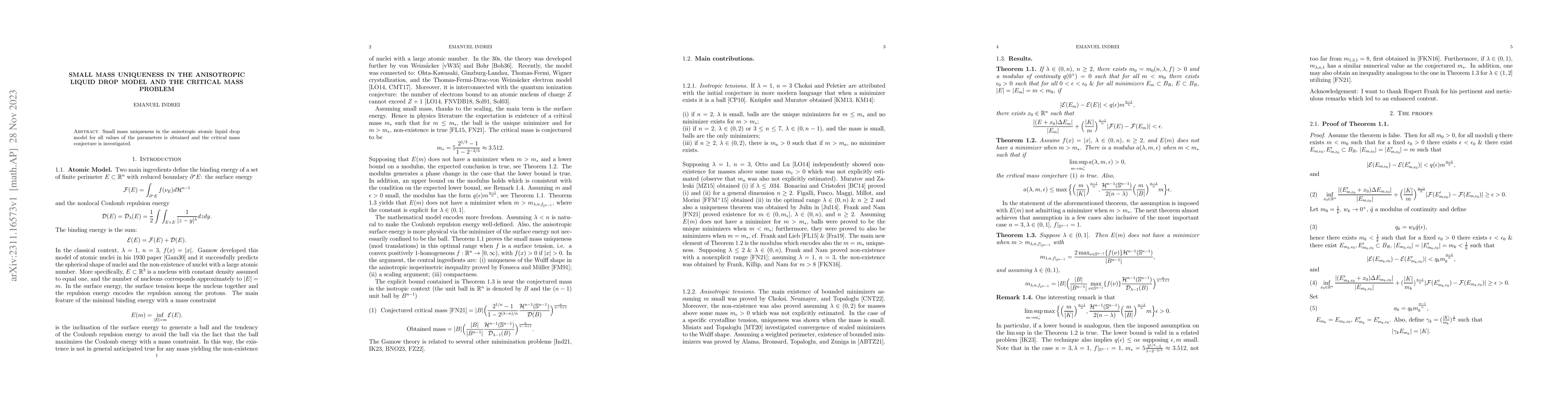 Thumbnail for Small mass uniqueness in the anisotropic liquid drop model and the
  critical mass problem