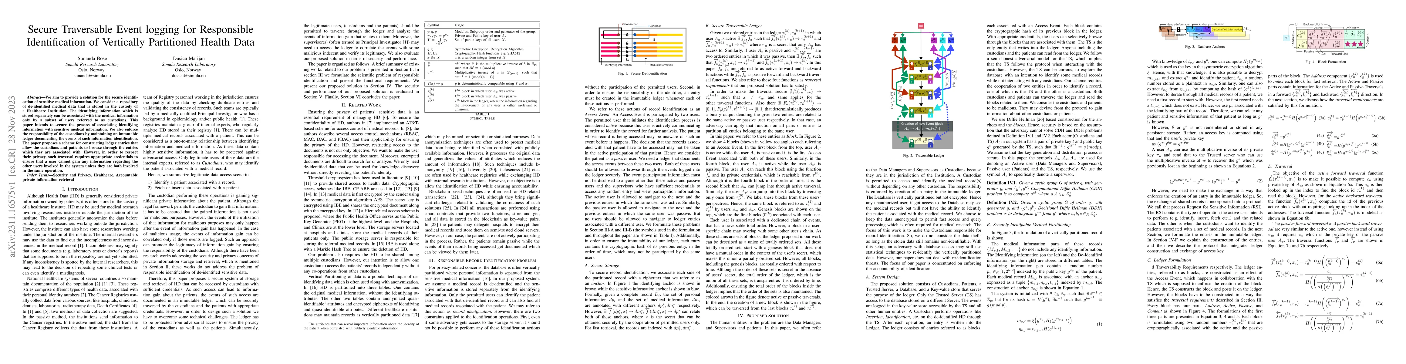 Thumbnail for Secure Traversable Event logging for Responsible Identification of
  Vertically Partitioned Health Data