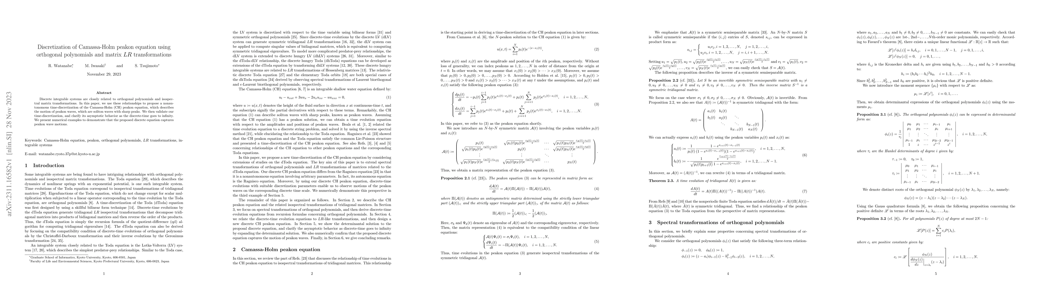 Thumbnail for Discretization of Camassa-Holm peakon equation using orthogonal
  polynomials and matrix $LR$ transformations