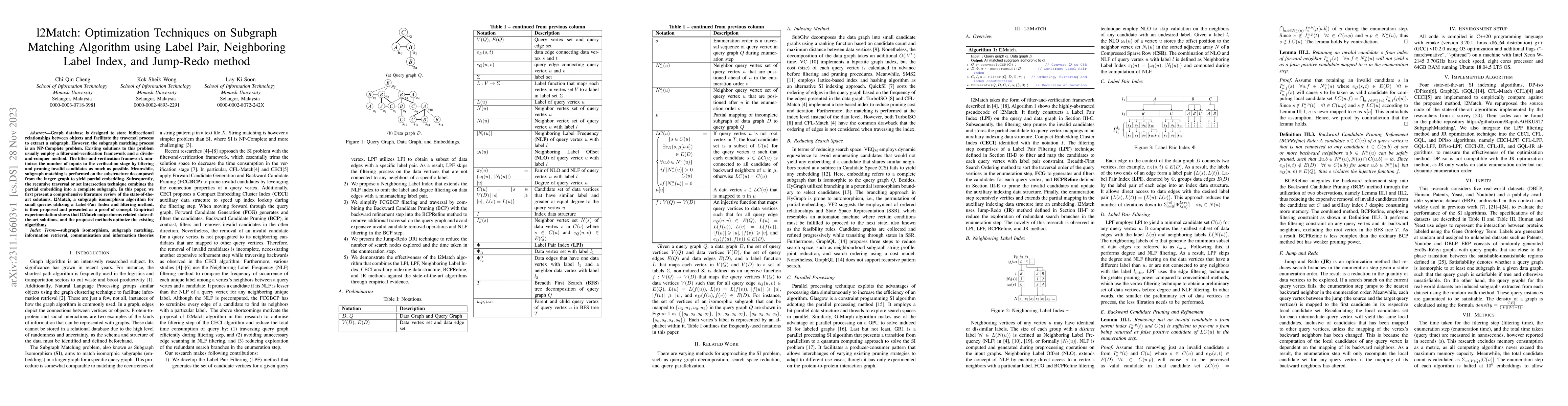 Thumbnail for l2Match: Optimization Techniques on Subgraph Matching Algorithm using
  Label Pair, Neighboring Label Index, and Jump-Redo method
