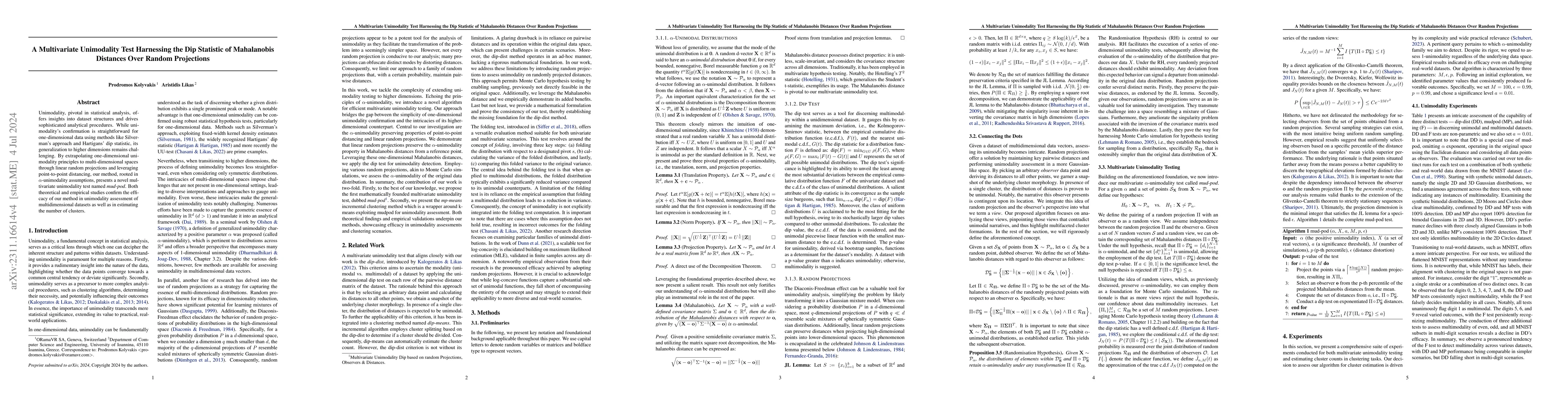 Thumbnail for A Multivariate Unimodality Test Harnessing the Dip Statistic of
  Mahalanobis Distances Over Random Projections