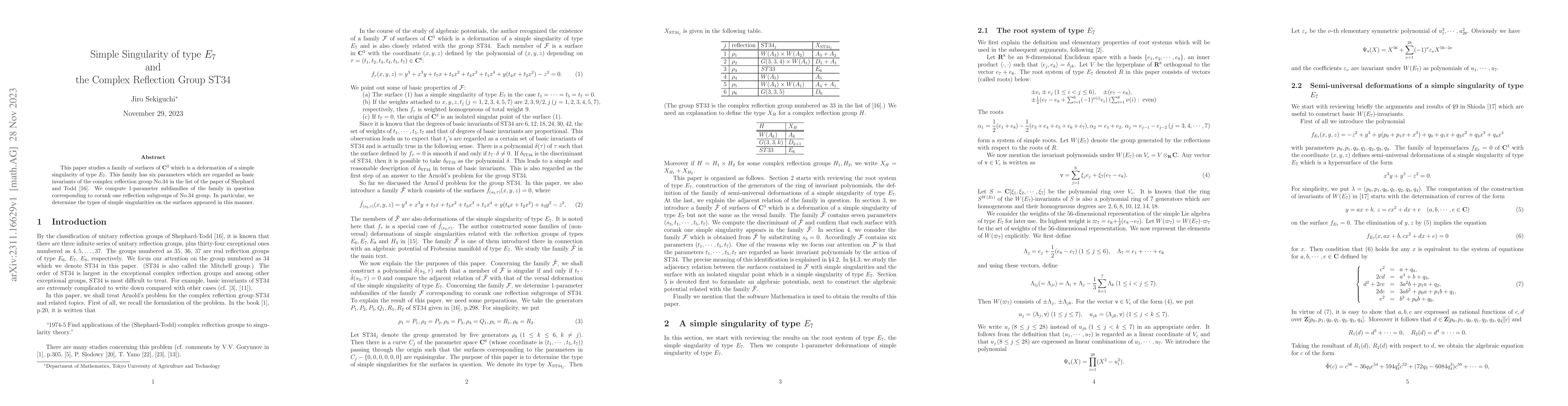 Thumbnail for Simple singularity of type $E_7$ and the complex reflection group ST34