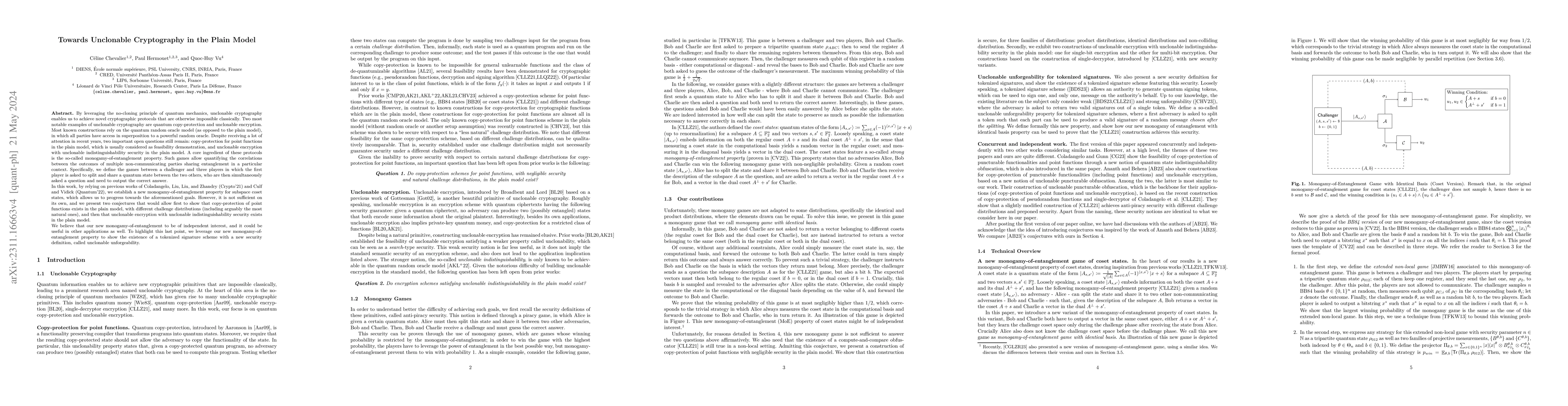 Thumbnail for Towards Unclonable Cryptography in the Plain Model