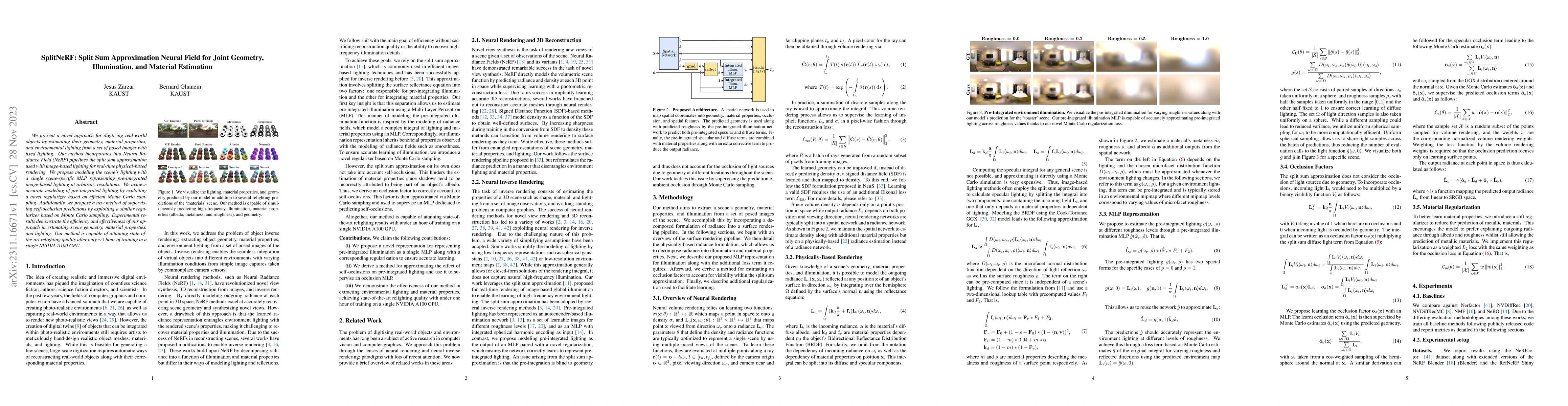 Thumbnail for SplitNeRF: Split Sum Approximation Neural Field for Joint Geometry,
  Illumination, and Material Estimation