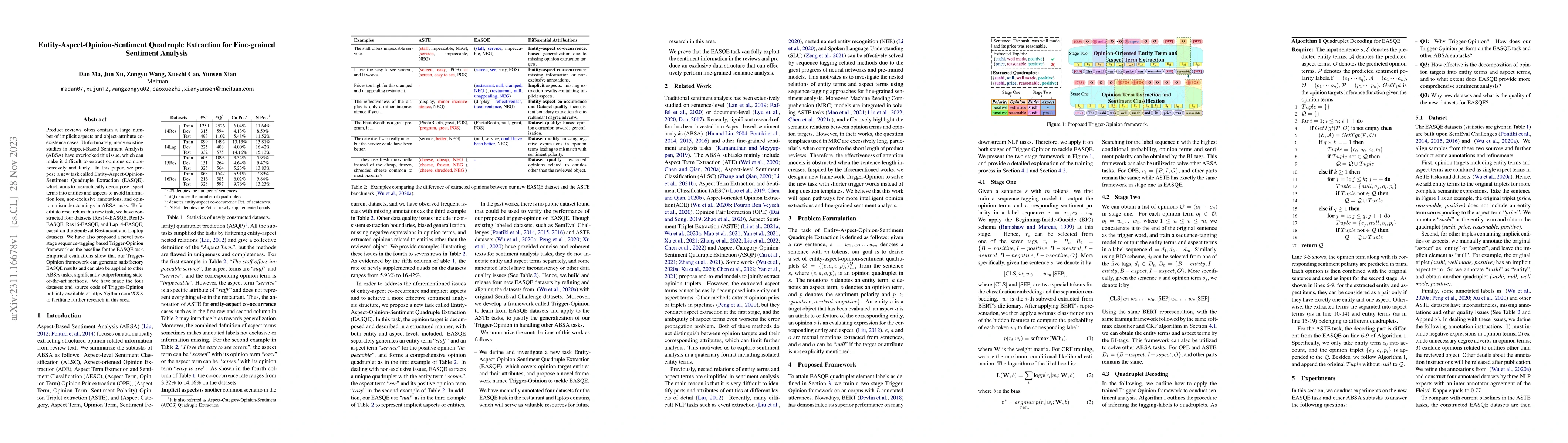 Thumbnail for Entity-Aspect-Opinion-Sentiment Quadruple Extraction for Fine-grained
  Sentiment Analysis