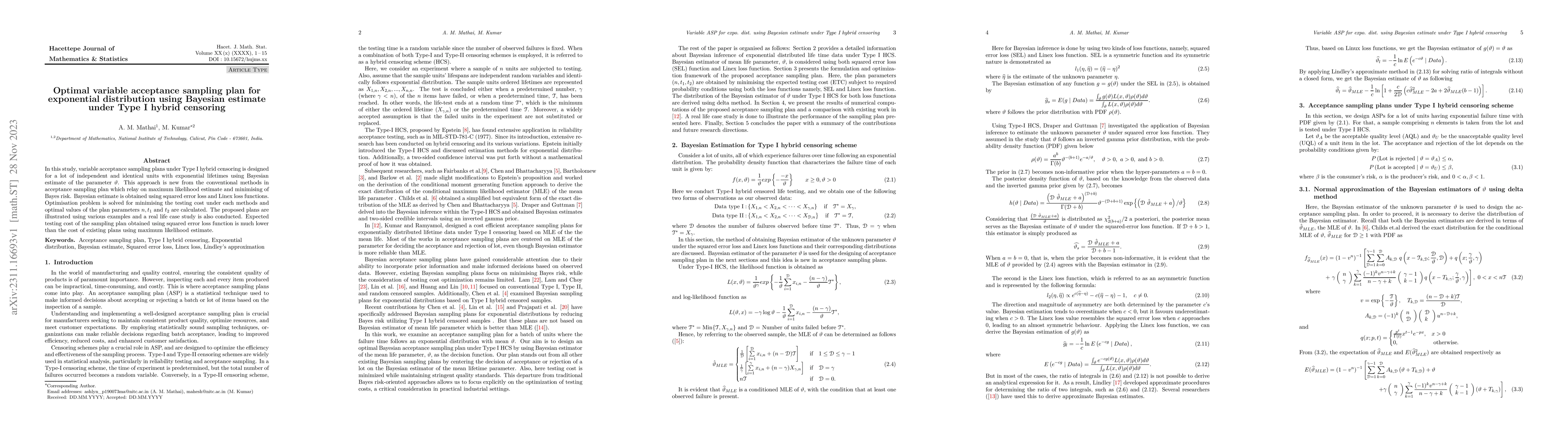 Thumbnail for Optimal variable acceptance sampling plan for exponential distribution
  using Bayesian estimate under Type I hybrid censoring