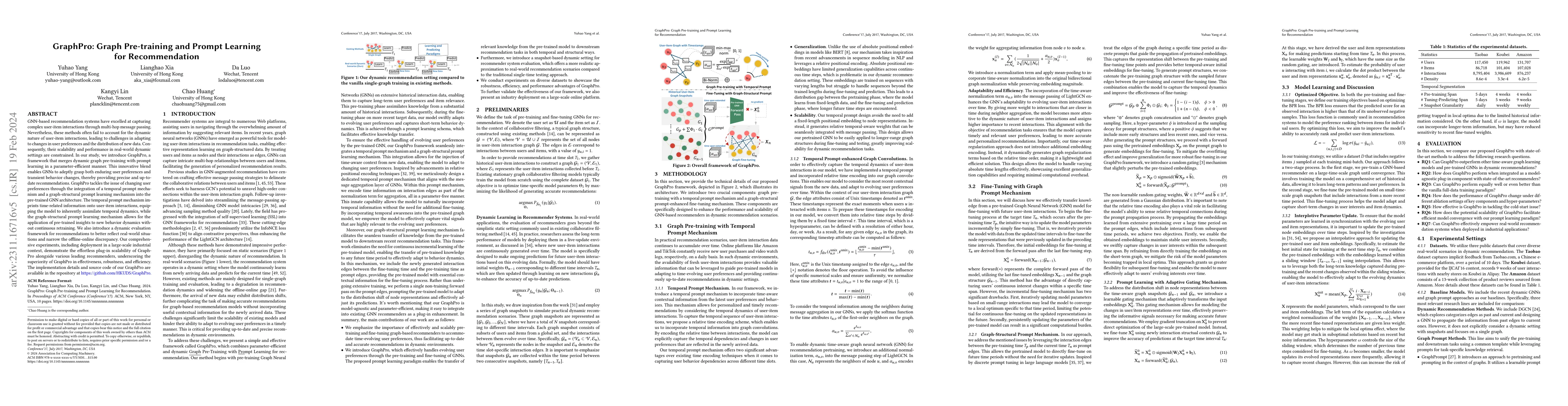 Thumbnail for GraphPro: Graph Pre-training and Prompt Learning for Recommendation