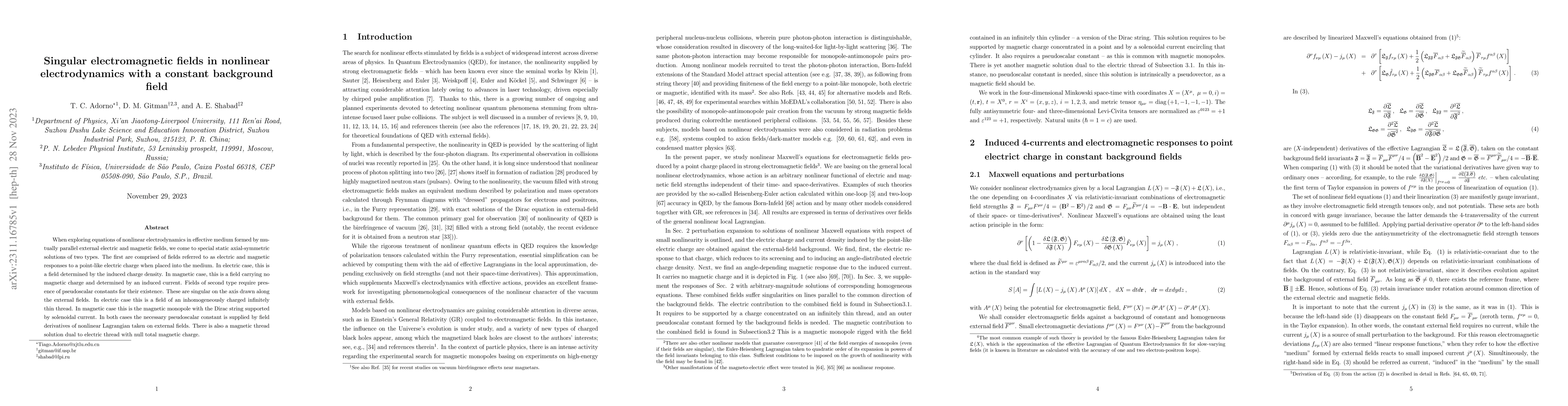 Thumbnail for Singular electromagnetic fields in nonlinear electrodynamics with a
  constant background field