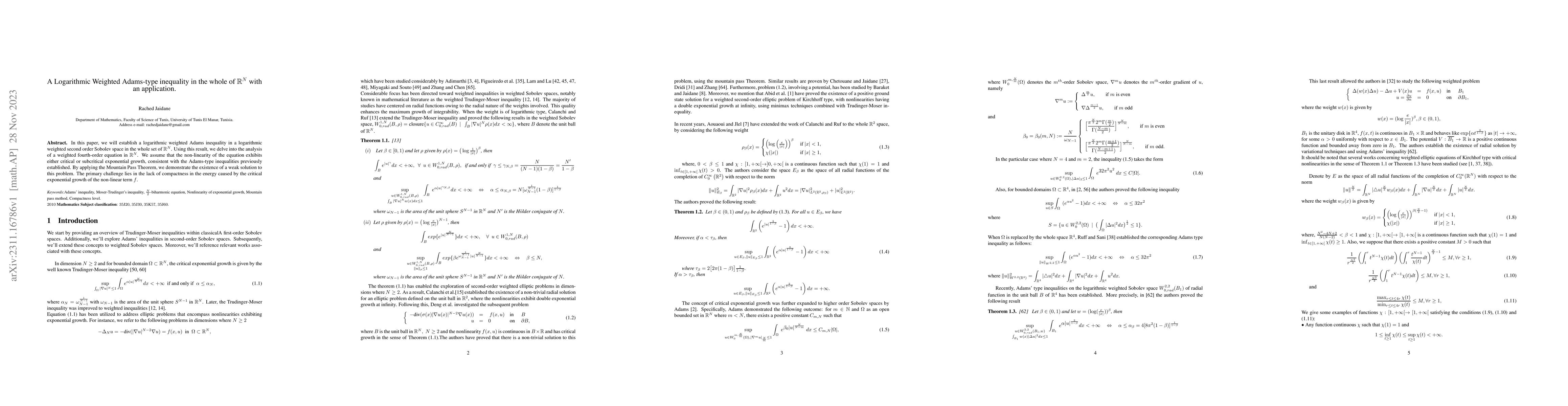 Thumbnail for A Logarithmic Weighted Adams-type inequality in the whole of
  $\mathbb{R}^{N}$ with an application