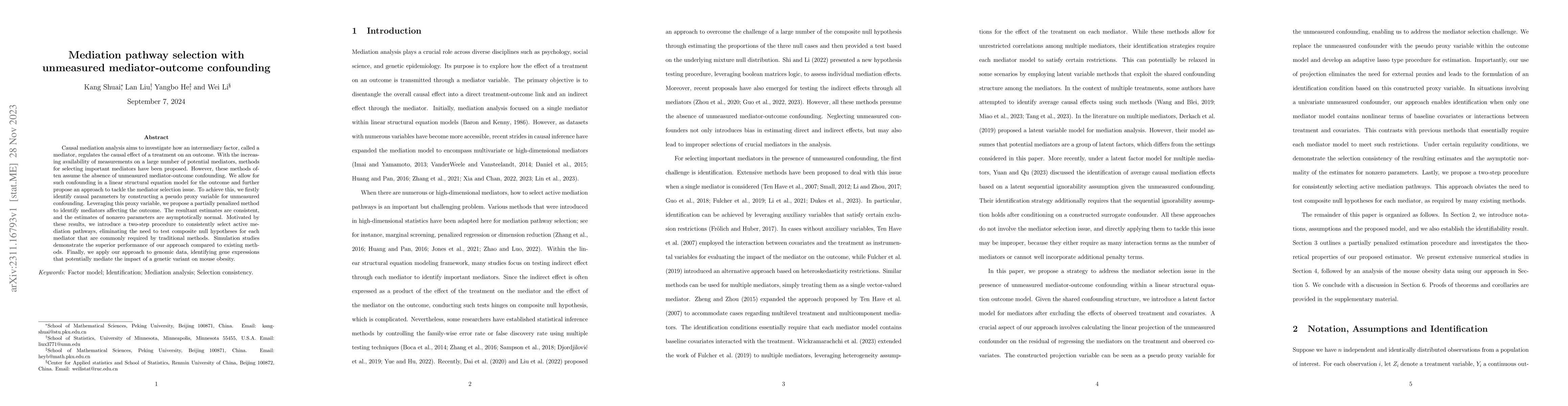 Thumbnail for Mediation pathway selection with unmeasured mediator-outcome confounding