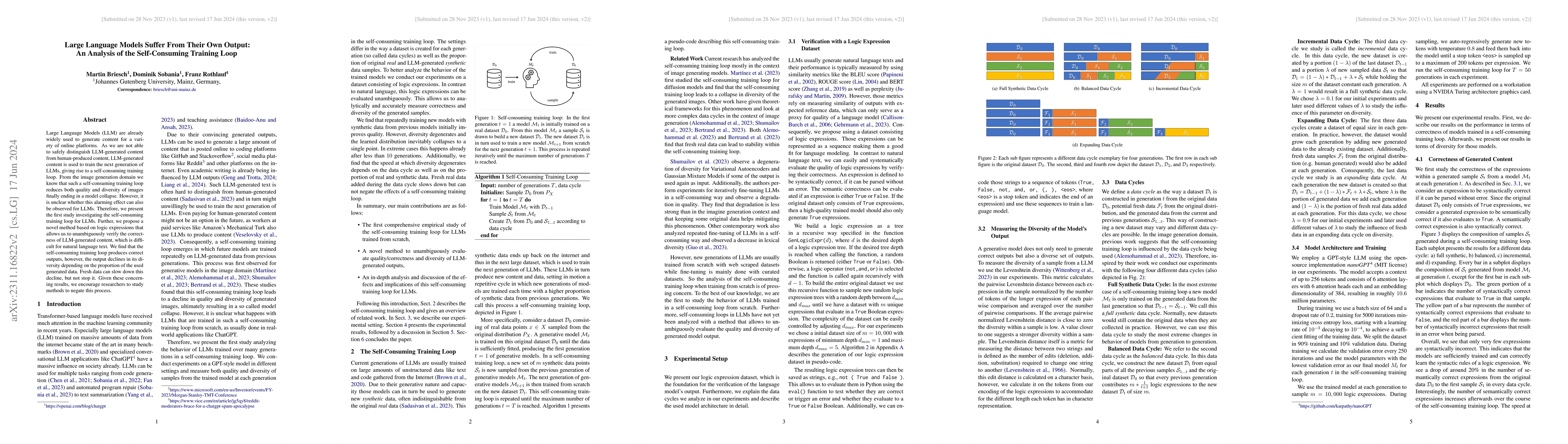 Thumbnail for Large Language Models Suffer From Their Own Output: An Analysis of the
  Self-Consuming Training Loop