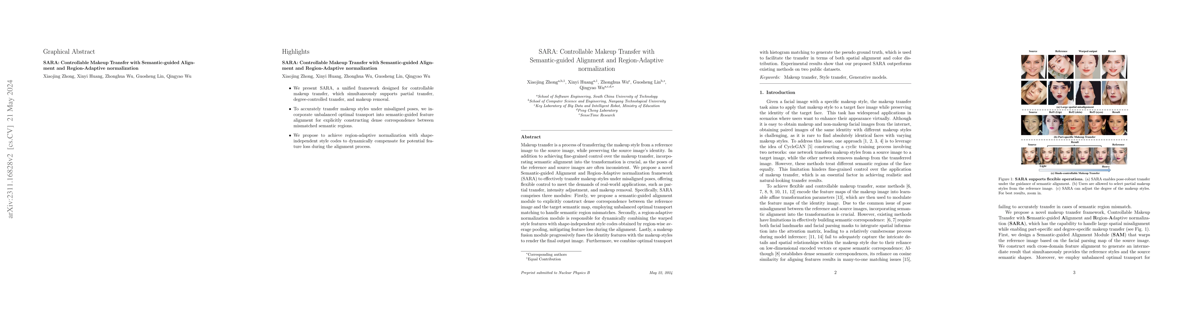 Thumbnail for SARA: Controllable Makeup Transfer with Spatial Alignment and
  Region-Adaptive Normalization
