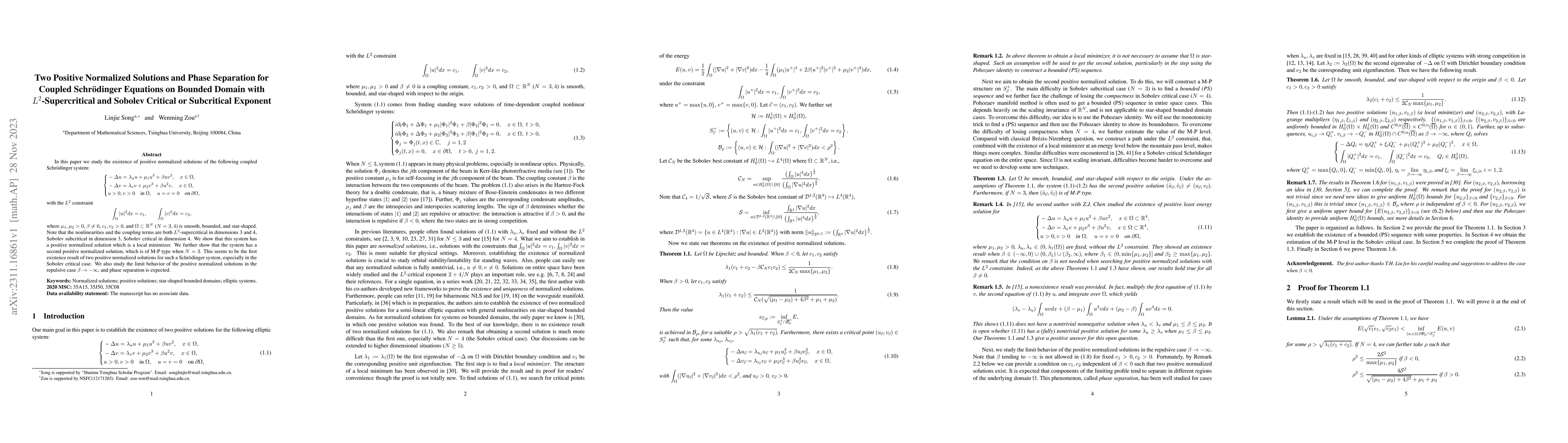 Thumbnail for Two Positive Normalized Solutions and Phase Separation for Coupled
  Schr\"odinger Equations on Bounded Domain with L2-Supercritical and Sobolev
  Critical or Subcritical Exponent