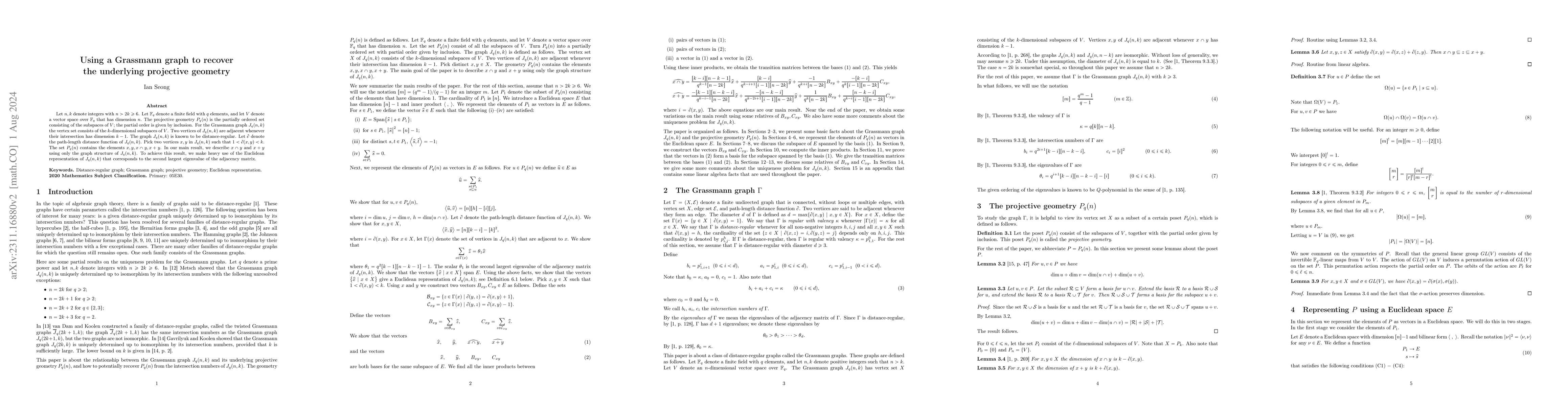 Thumbnail for Using a Grassmann graph to recover the underlying projective geometry