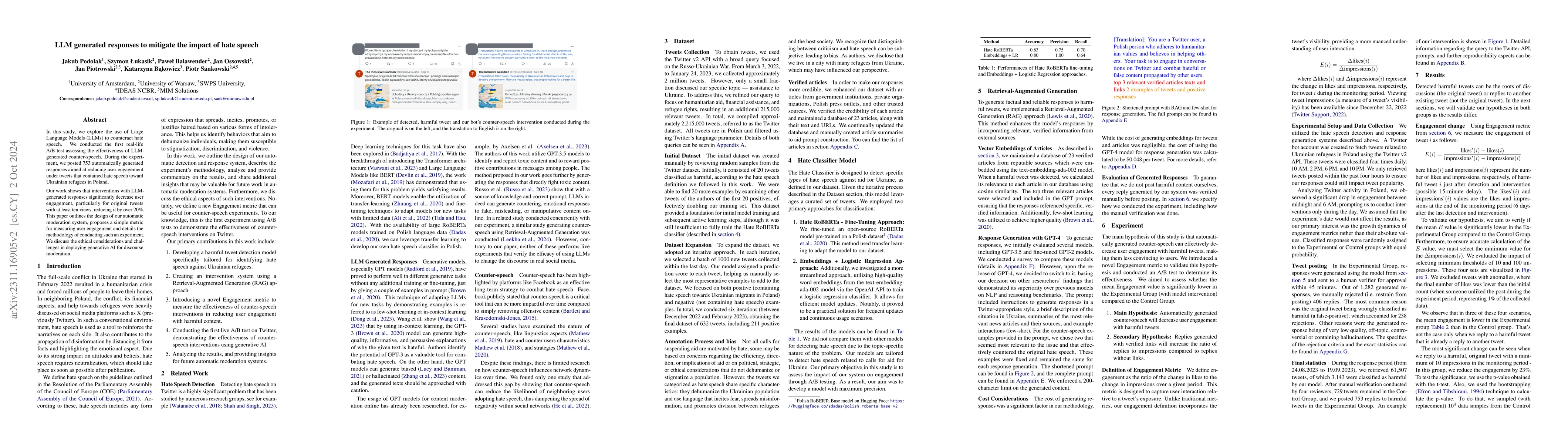 Thumbnail for Analyzing the Influence of Language Model-Generated Responses in
  Mitigating Hate Speech on Social Media Directed at Ukrainian Refugees in
  Poland