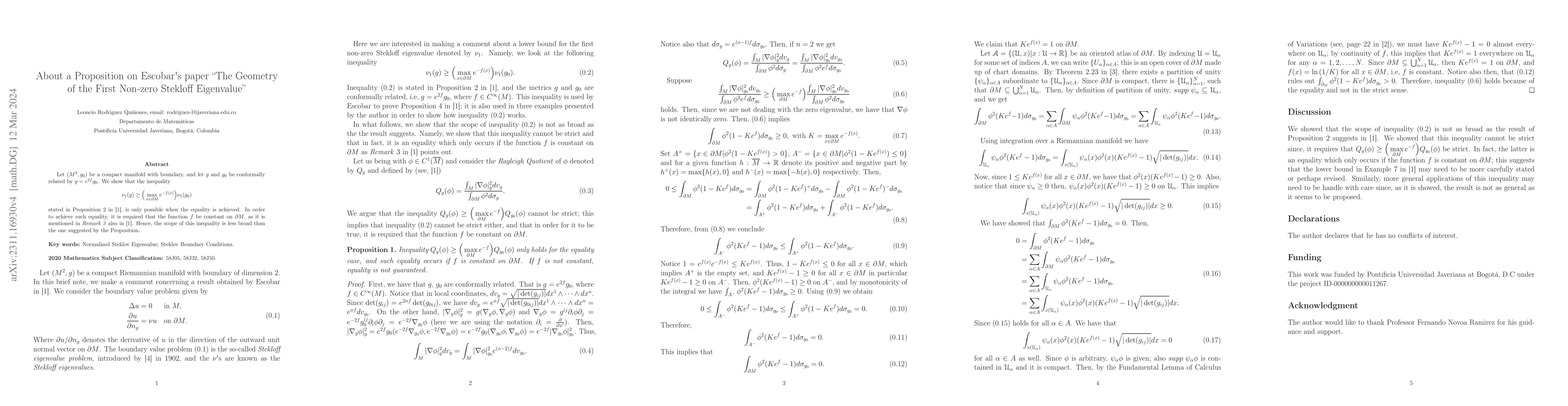 Thumbnail for About a Proposition on Escobar's paper "The Geometry of the First
  Non-zero Stekloff Eigenvalue"