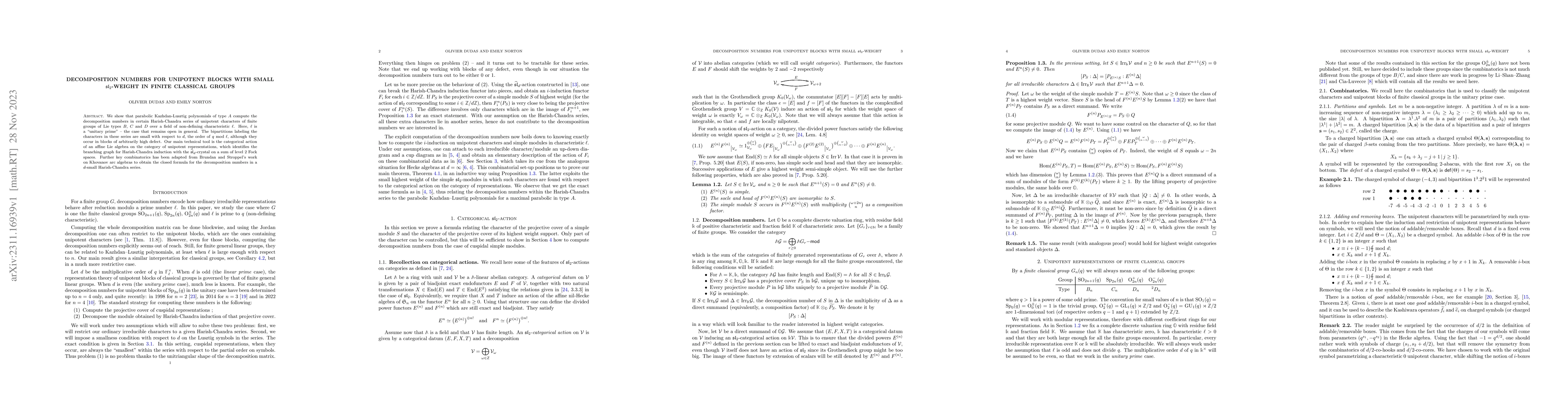 Thumbnail for Decomposition numbers for unipotent blocks with small
  $\mathfrak{sl}_2$-weight in finite classical groups
