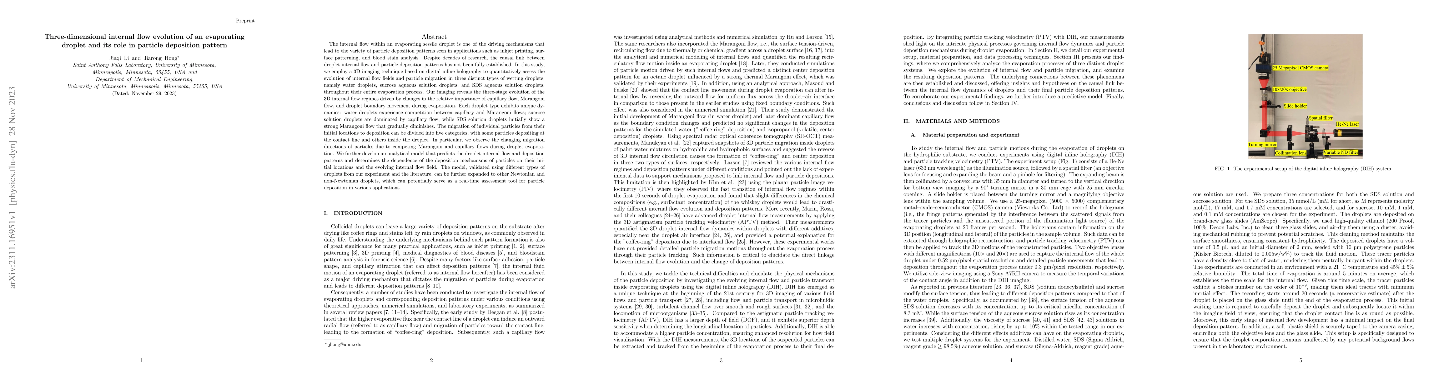 Thumbnail for Three-dimensional internal flow evolution of an evaporating droplet and
  its role in particle deposition pattern