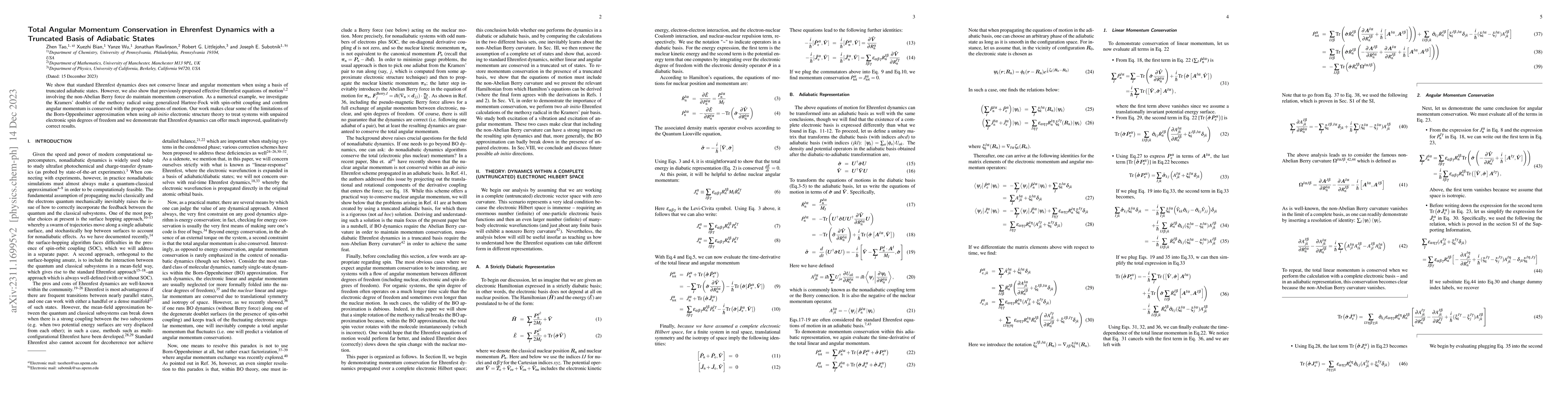 Thumbnail for Total Angular Momentum Conservation in Ehrenfest Dynamics with a
  Truncated Basis of Adiabatic States