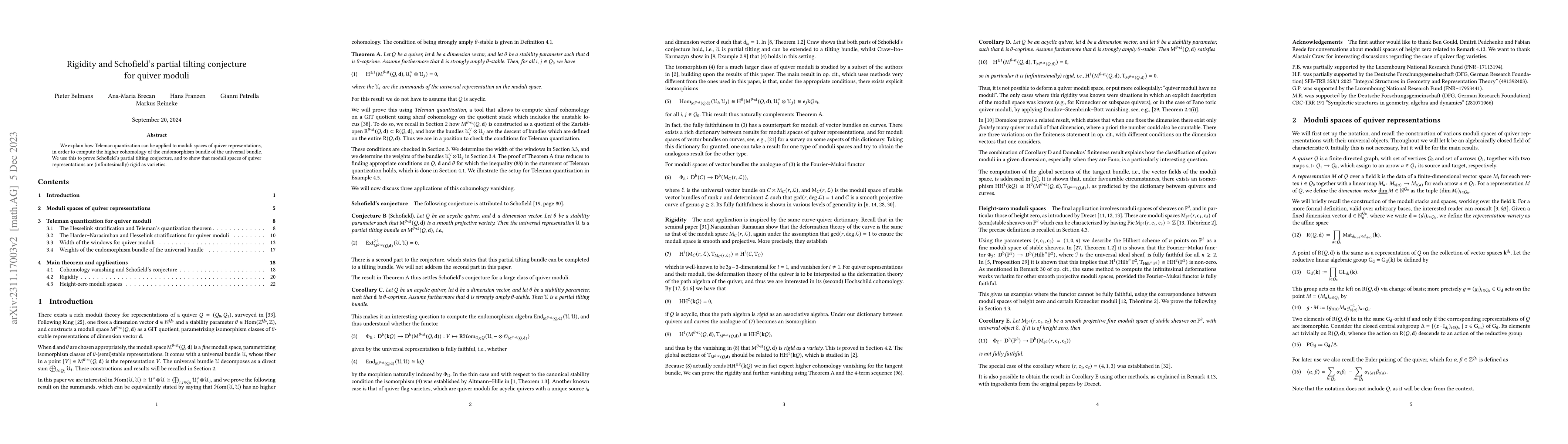 Thumbnail for Rigidity and Schofield's partial tilting conjecture for quiver moduli